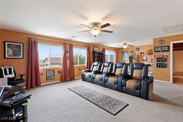 living room featuring light carpet and ceiling fan