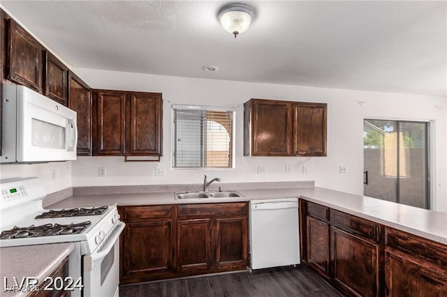 kitchen featuring white appliances, dark wood-type flooring, sink, dark brown cabinets, and kitchen peninsula