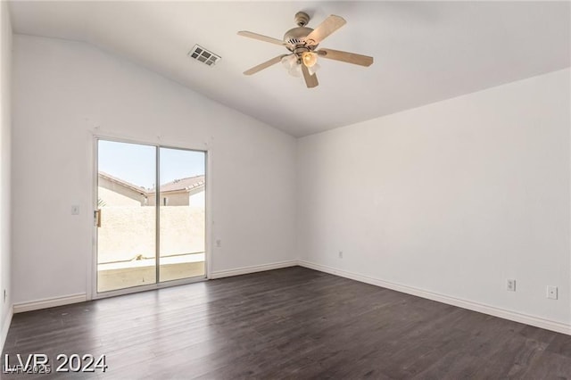 unfurnished room featuring ceiling fan, dark hardwood / wood-style floors, and lofted ceiling