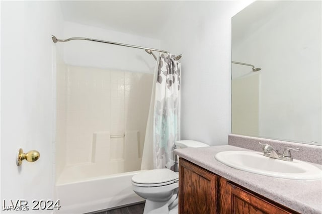 full bathroom with vanity, toilet, and shower / bathtub combination with curtain