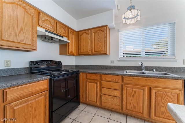 kitchen with sink, light tile patterned floors, pendant lighting, and black range with electric cooktop