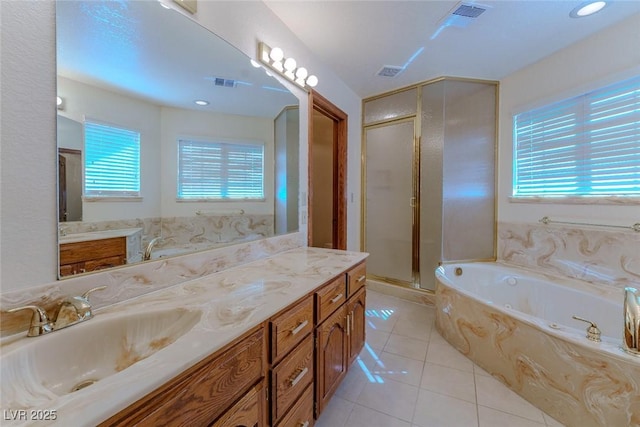 bathroom featuring a garden tub, tile patterned flooring, vanity, visible vents, and a shower stall