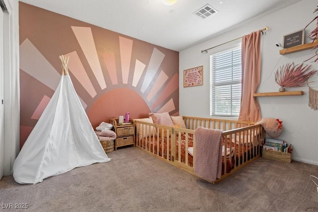 bedroom with carpet, vaulted ceiling, and a nursery area