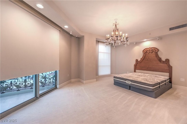 carpeted bedroom with a chandelier and access to outside