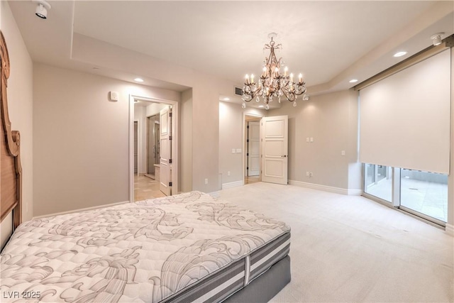 bedroom featuring a raised ceiling, a notable chandelier, access to exterior, and light carpet