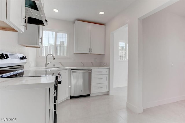 kitchen featuring wall chimney range hood, sink, dishwasher, stove, and white cabinetry