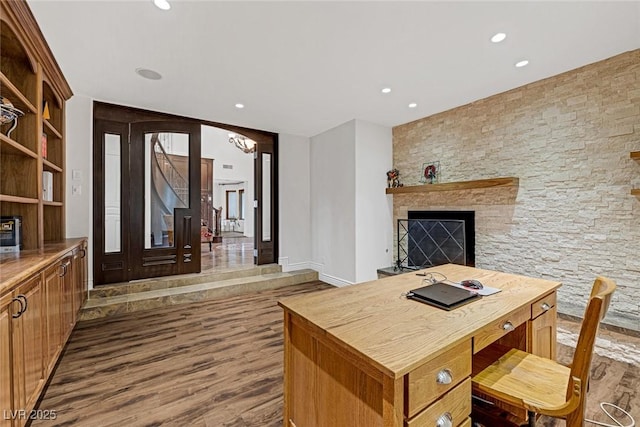 home office featuring dark wood-type flooring