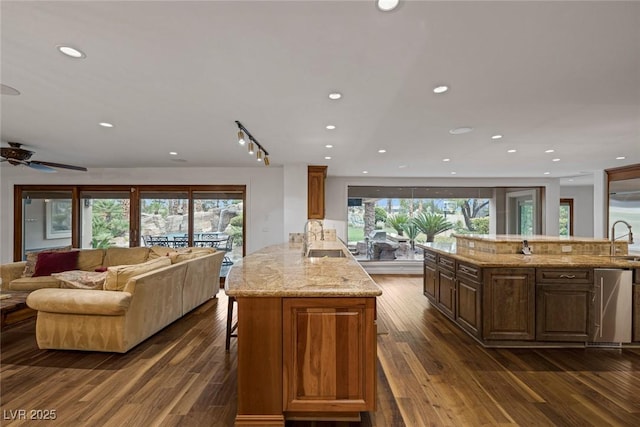 kitchen with dark hardwood / wood-style floors, a healthy amount of sunlight, light stone countertops, and kitchen peninsula