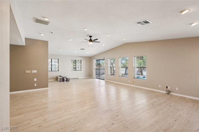 unfurnished living room featuring ceiling fan, light wood-type flooring, and lofted ceiling