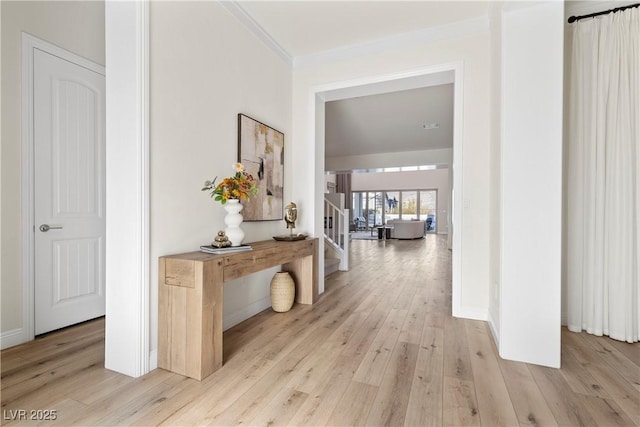 corridor featuring crown molding and light hardwood / wood-style flooring