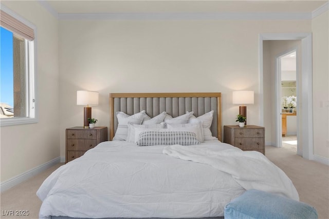 bedroom with light colored carpet and crown molding