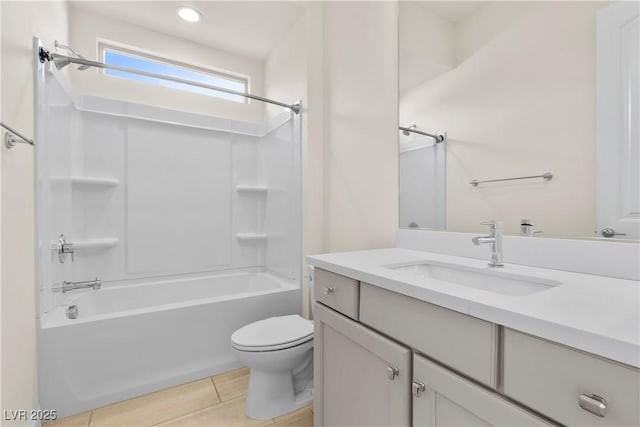 full bathroom with toilet, vanity, and bathing tub / shower combination