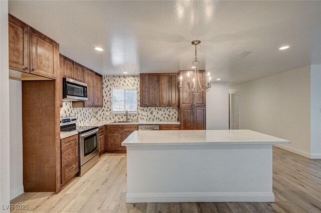 kitchen featuring appliances with stainless steel finishes, backsplash, sink, a kitchen island, and hanging light fixtures