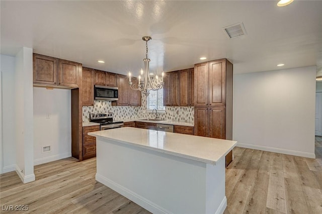 kitchen with backsplash, stainless steel appliances, pendant lighting, a notable chandelier, and a center island