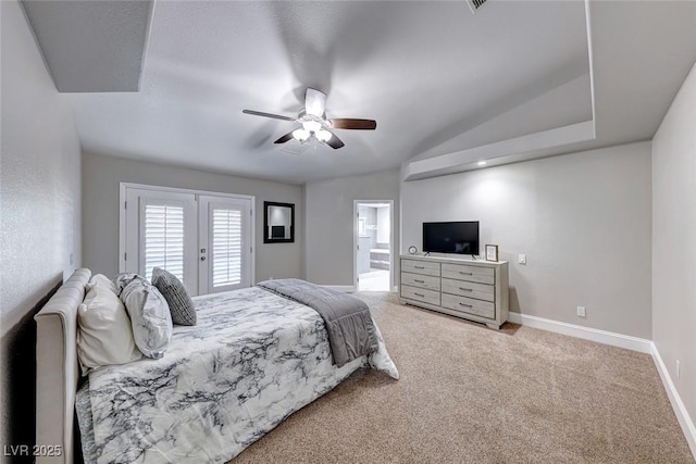 bedroom featuring access to exterior, ceiling fan, french doors, vaulted ceiling, and light carpet