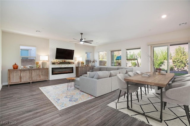 living room featuring a fireplace, dark hardwood / wood-style flooring, and ceiling fan