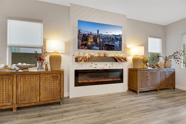 sitting room with a fireplace and hardwood / wood-style flooring