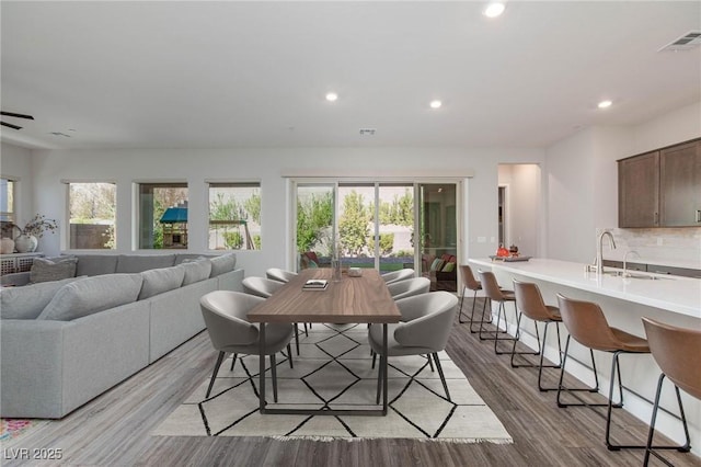 dining area with sink and light hardwood / wood-style flooring