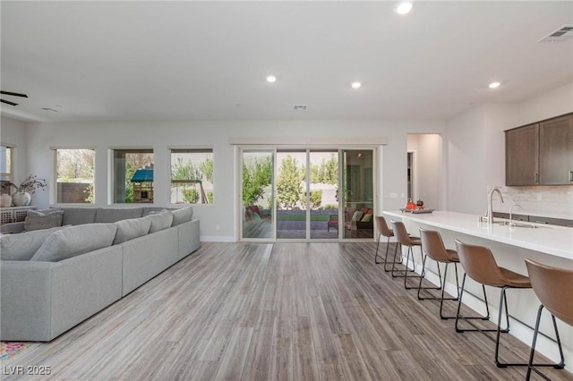 living room featuring light hardwood / wood-style floors and sink