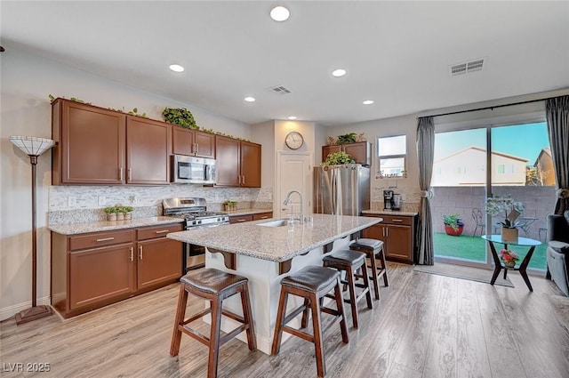 kitchen with a center island with sink, visible vents, a breakfast bar, stainless steel appliances, and a sink