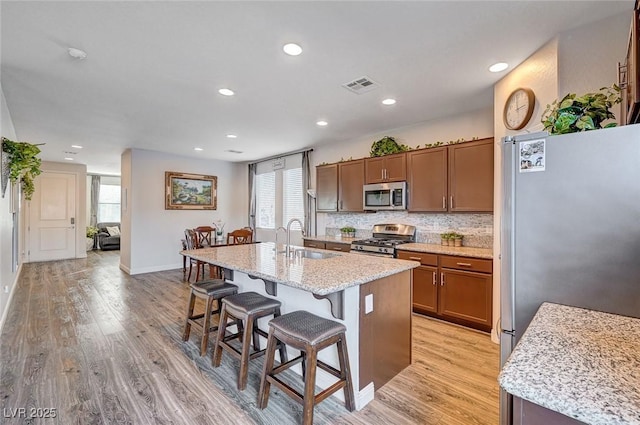 kitchen with visible vents, a breakfast bar area, a kitchen island with sink, stainless steel appliances, and a sink