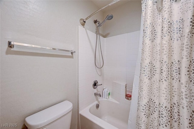 bathroom with toilet and shower / bath combination with curtain