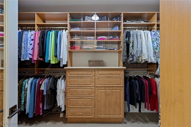 spacious closet featuring dark colored carpet