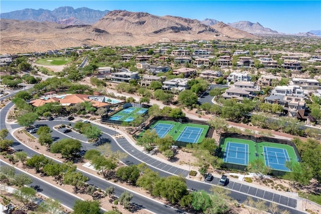 drone / aerial view featuring a mountain view