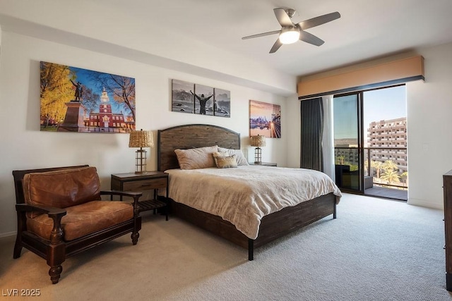 bedroom with carpet flooring, ceiling fan, and access to exterior