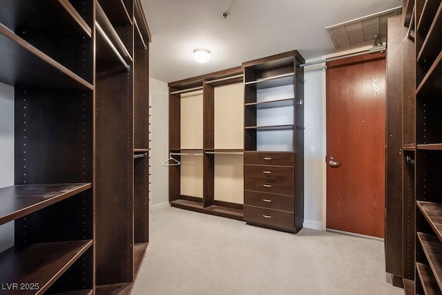 spacious closet featuring light colored carpet