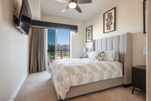 bedroom with light carpet and ceiling fan