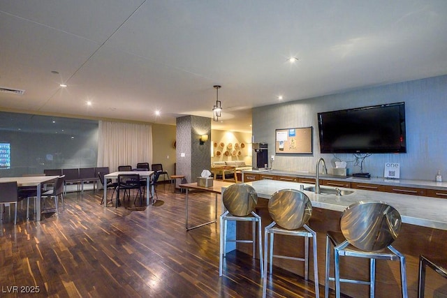 living room featuring dark hardwood / wood-style flooring and sink