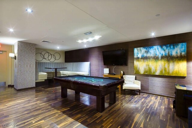 recreation room with wood-type flooring and billiards