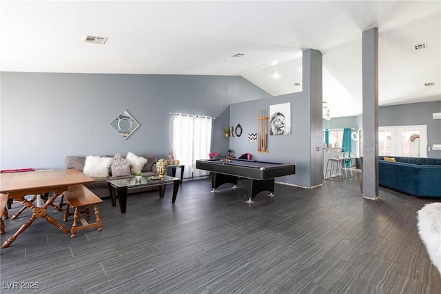 game room featuring a wealth of natural light, vaulted ceiling, and billiards