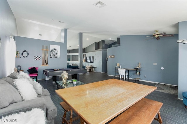 playroom with lofted ceiling and ceiling fan