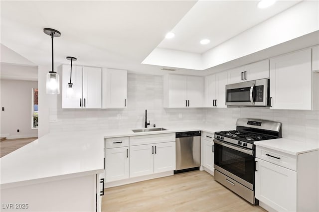 kitchen with white cabinets, sink, kitchen peninsula, and stainless steel appliances