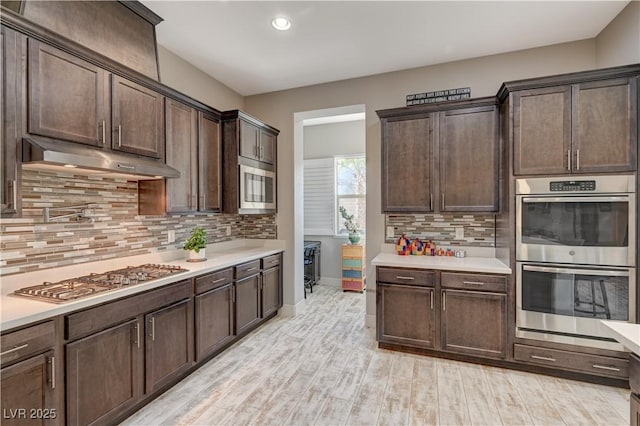 kitchen featuring light wood-type flooring, dark brown cabinetry, appliances with stainless steel finishes, and tasteful backsplash