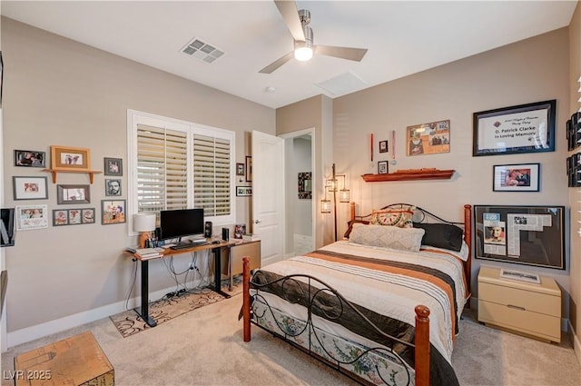 bedroom with ceiling fan and light colored carpet