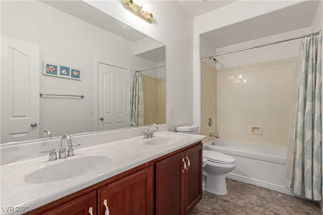 full bathroom with toilet, vanity, and shower / bathtub combination with curtain