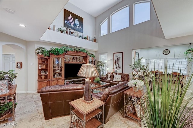 living room with a towering ceiling