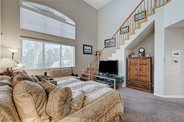 bedroom featuring carpet flooring and a high ceiling