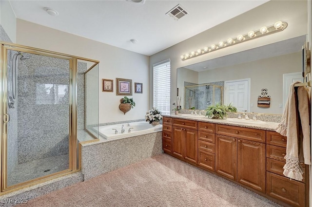 bathroom featuring plus walk in shower and vanity