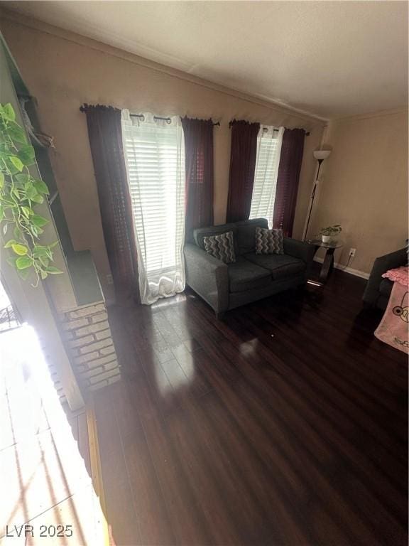 living room with ornamental molding and dark wood-type flooring