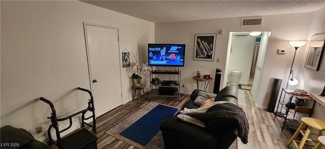 living room featuring a textured ceiling and hardwood / wood-style flooring