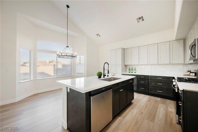 kitchen with pendant lighting, a kitchen island with sink, sink, appliances with stainless steel finishes, and white cabinetry