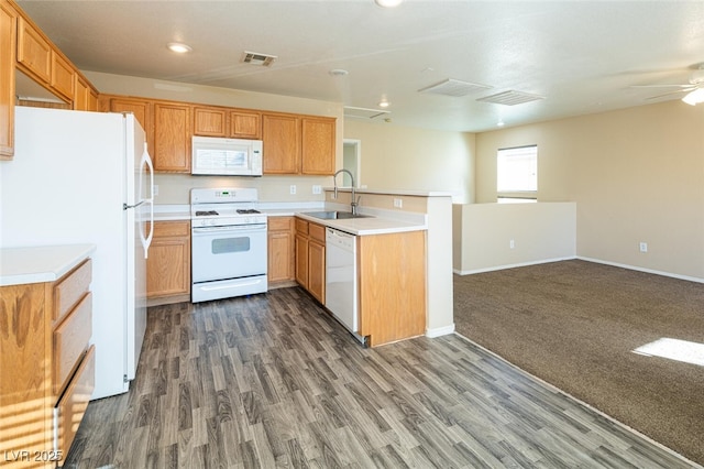 kitchen featuring ceiling fan, sink, dark wood-type flooring, and white appliances