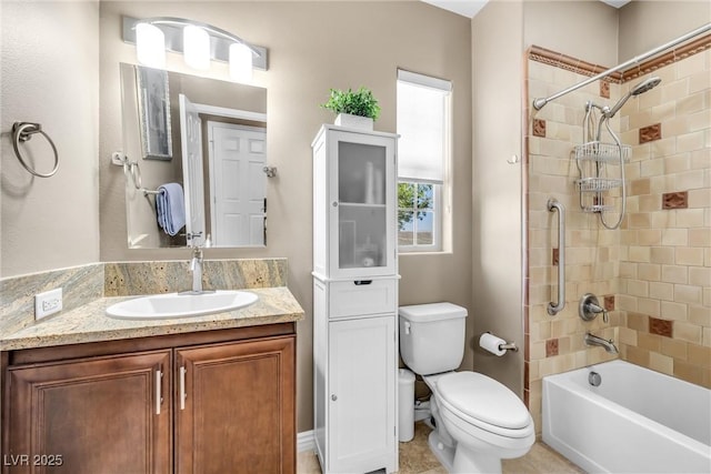 bathroom featuring vanity, toilet, and shower / bathtub combination