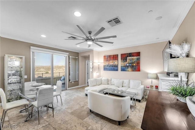 living room with ceiling fan and crown molding