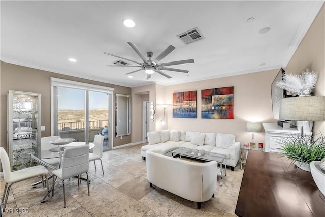living room with visible vents, ornamental molding, a ceiling fan, recessed lighting, and baseboards