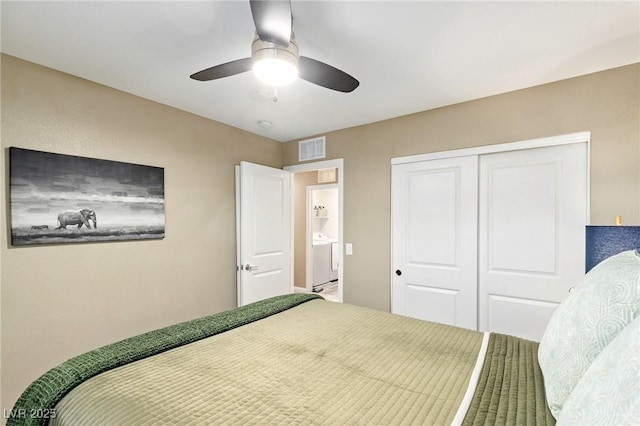 bedroom with ceiling fan and a closet